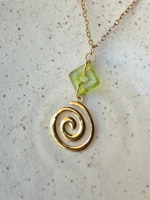 Handmade gold tone stainless steel spiral swirl uzumaki & Czech glass necklace🌀 thumbnail 5
