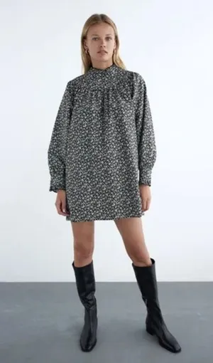 ZARA Printed Poplin Dress Long Sleeve Mini Mock Neck Womens Small Tunic TikTok thumbnail 1