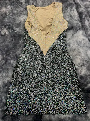 Black Sequin Midi Dress with Gold Mesh Yoke Size M thumbnail 2