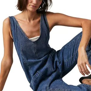 Free People We The Free Sapphire Blue Cotton High Roller Relaxed Denim Jumpsuit thumbnail 3
