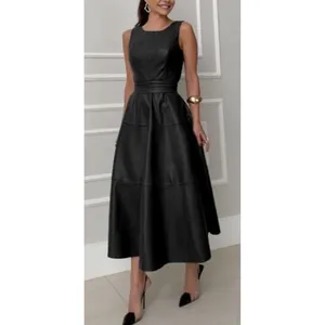 CHARTOU Women PU Faux Leather Sleeveless Elegant Flowy Long Dress Size Small thumbnail 2