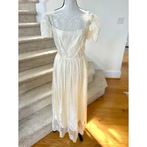 Vintage 70s Cream White Lace Scallop Trim Short Sleeve Midi Dress Regency Fairy thumbnail 2