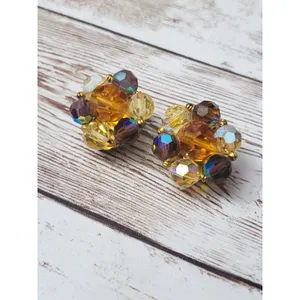Vintage Clip On Earrings Amber Tone & Dark Iridescent Cluster thumbnail 2