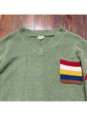 POL Sage Green Chunky Knit V-Neck Sweater Rainbow Stripe Sleeves Pocket M thumbnail 2
