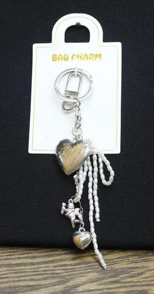 NWT Key Ring Heart Locket Charms Beaded Bow Bag Charm Silver Gray / White 6.5" thumbnail 1