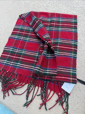 Urban Outfitters Red Plaid Fringed Wool-Blend Scarf thumbnail 1
