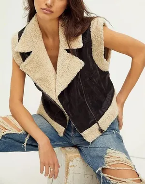 Free‎ People We The Free Clover Teddy Vegan Leather Shearling Vest Black Cream L thumbnail 1
