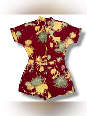 Free People Malibu‎ Tropical Palm Leaf Romper Maroon Red Yellow Small Campy thumbnail 13