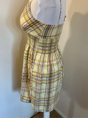 Fabiola Yellow Plaid Sundress Small Smocked Waist V-Neck Cotton Blend Summer thumbnail 4