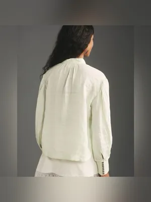 By Anthropologie Long-Sleeve Embroidered‎ Linen Tie-Front Top Blouse mint green thumbnail 2