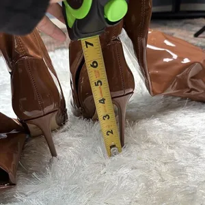 Steve Madden Viktory Cognac Patent faux leather sock Over The Knee 4” Stiletto Heel Boots Size 8M Excellent condition-worn once thumbnail 6