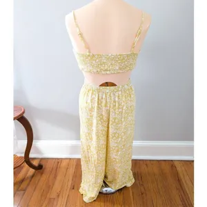 Aerie Yellow White Floral Print Smocked Cutout‎ Wide Leg Cropped Jumpsuit S thumbnail 4
