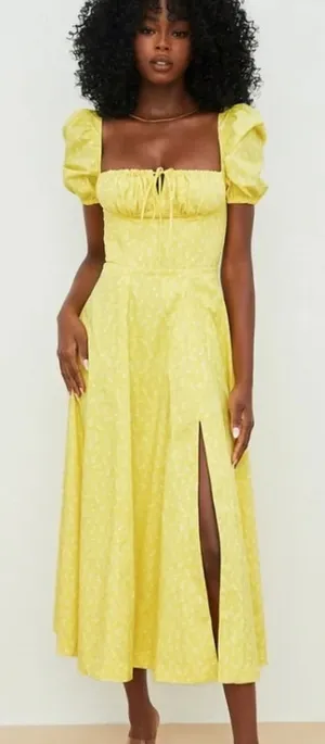 House of CB TALLULAH YELLOW FLORAL PUFF SLEEVE MIDI DRESS Size L thumbnail 1