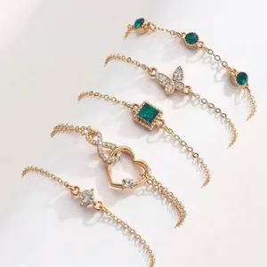 Set of 5 Elegant Gold and Emerald Bracelets - Butterfly and Heart (NEW) thumbnail 4