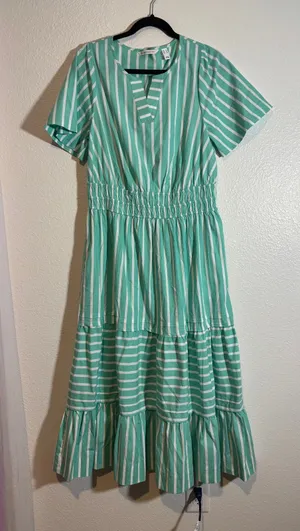 Isaac Mizrahi Live Size S Yarn Dye Striped Poplin Maxi Dress Green White A646863 thumbnail 2