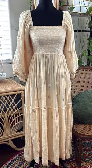 NWT Free People Dahlia Pearl Island Embroidered Boho Hippie Brunch Maxi Dress thumbnail 1
