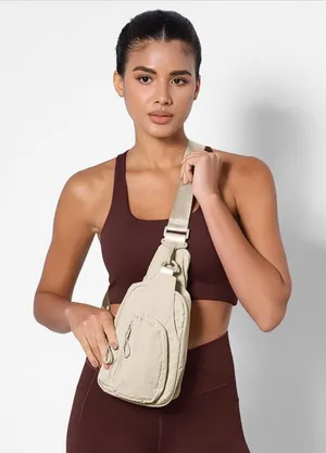Beige Nylon Sling Crossbody Belt Bag Fanny Pack Multi Pocket thumbnail 1