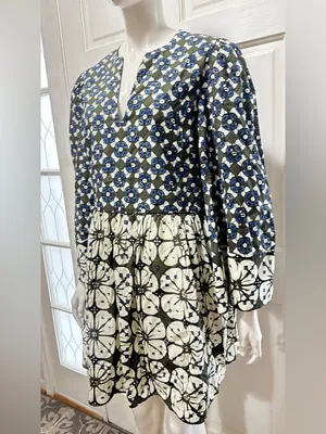 Tuckernuck 100%Cotton Boho Olive & Blue Floral Print Pleated Dress Size Large thumbnail 3
