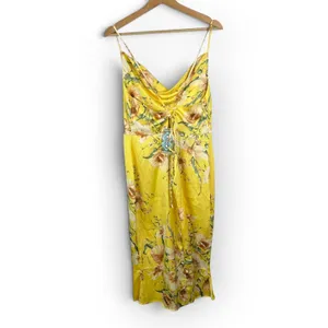 Boohoo NWT Womens 12 Yellow Satin Floral Cowl Neck Slip Maxi Dress Flute Hem thumbnail 2