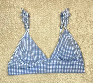 Aerie Pale‎ Blue Gingham Triangle Bikini Top Ruffle Sleeves Women Size Medium thumbnail 1