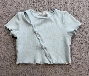 Bershka Women’s Light Blue Ribbed Asymmetrical Button Crop Top Baby thumbnail 1