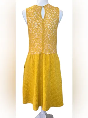Anthropologie Maeve mustard Yellow Lace Bodice A-Line Dress with Textured Skirt thumbnail 4