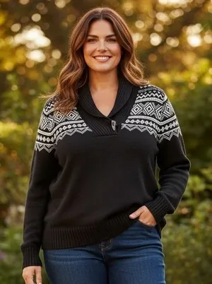 Lauren Ralph Lauren Fair Isle Shawl Collar Toggle Sweater Black White 1X Cotton thumbnail 1