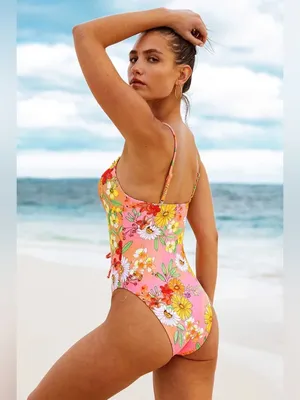 New with Tags Floral Tie-Front One-Piece Swimsuit - Pink & Orange thumbnail 2