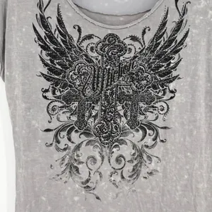 Vintage Affliction Medium‎ Gray Acid Wash Winged Cross Mesh Graphic Shirt Y2K thumbnail 3