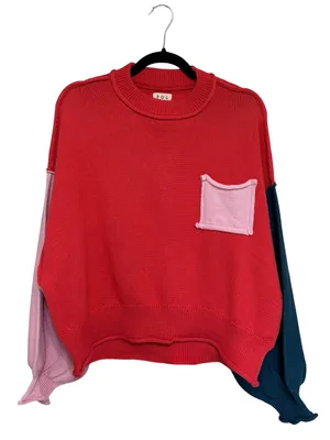 POL Colorblock Oversized Cotton Roll Hem Sweater Red, Pink, and Navy - Size S thumbnail 2