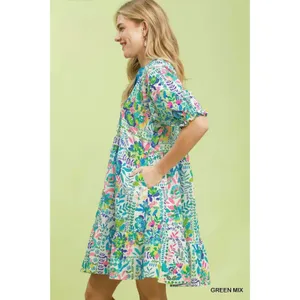 Umgee Mix Botanical Print Puff Sleeve Tiered Dress - Green‎ Mix - Small thumbnail 2