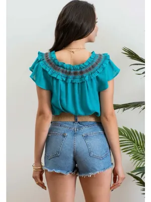 Blu Pepper Teal Ruffle Yoke Tie-Neck Women's Top thumbnail 3