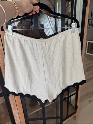 Anniewear linen set contrast trim scalloped beige tank crop top shorts neutral thumbnail 6