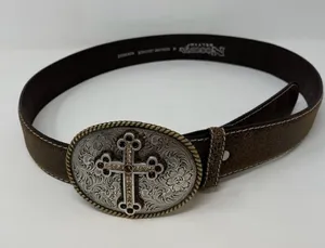 Nocona Brown Leather Belt with Ornate Cross Oval Buckle thumbnail 1