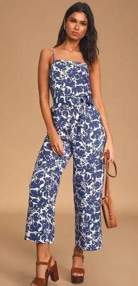 Lulus Carry The Day Blue And White Floral Print Culotte Jumpsuit - Size M thumbnail 1