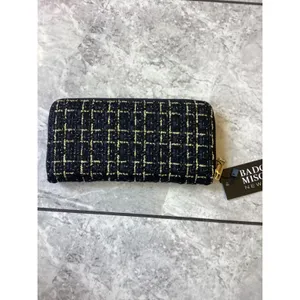Badgley Mischka Womens Tweed Zip Around Wallet Black Gold Plaid Grid NWT thumbnail 2