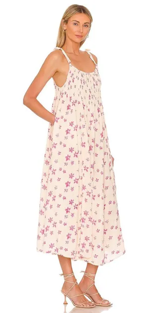 Free People Intimately Floral Smocked Gauze Midi Dress Cream Purple XS thumbnail 1