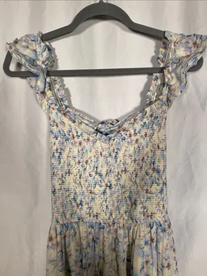American Eagle Womens Blue Floral Flutter Sleeve Smocked Open Back Dress Large thumbnail 3