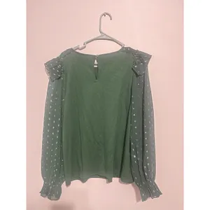 Loft Blouse Womens L Large Green Silver Shimmer Dotted Ruffle Yoke Mixed Media thumbnail 5