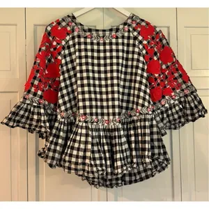 Anthropologie Pankaj & Nidhi checkered gingham embroidered floral swing blouse s thumbnail 4