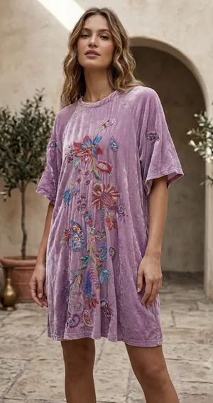 Johnny Was Velvet Flutter Sleeve Raglan Karime Embroidered‎ Dress Lavender thumbnail 1