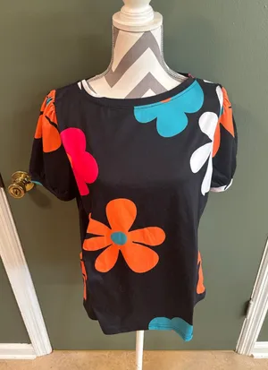 Bold Floral Black Short-Sleeve Top in Orange, Pink, Teal & White thumbnail 1