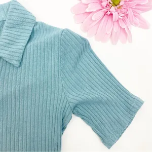 Reformation Peggy Ribbed Polo Two Button Crop Top Turquoise Green Blue thumbnail 8