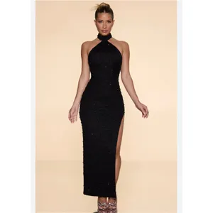 Oh Polly Positano Embellished High Neck Split Maxi Dress in Black Size 0 New thumbnail 3
