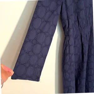J Crew Navy Blue‎ Cotton Eyelet Dress V Neck 3/4 Sleeve Scalloped Hem Women's 14 thumbnail 5
