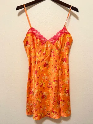 Victoria's Secret Vintage 2001 satin nightie, orange floral print, sz M thumbnail 5