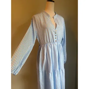 Blue White Striped Maxi Dress Long Sleeve L NWT costal preppy cottage resort boh thumbnail 3