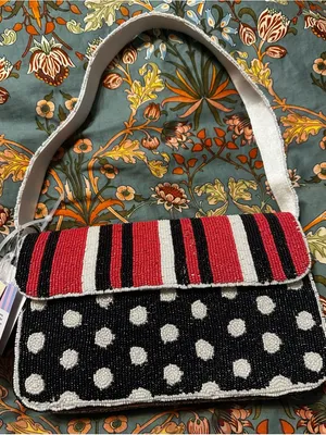 Beaded Polka Dot & Stripe Shoulder Bag in Red, Black & White thumbnail 1