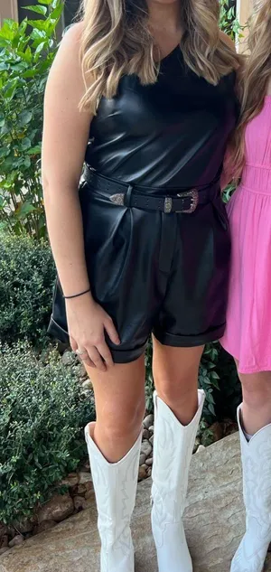 Endless rose faux leather one shoulder romper thumbnail 1