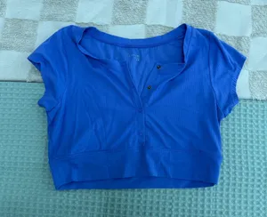 OFFLINE By Aerie Real Me Henley Neck Cropped T- Shirt Blue Button Size‎ M thumbnail 1